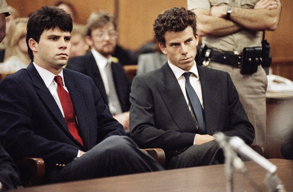 Lyle, left, and Erik Menendez sit in Beverly Hills Municipal Court in 1990.