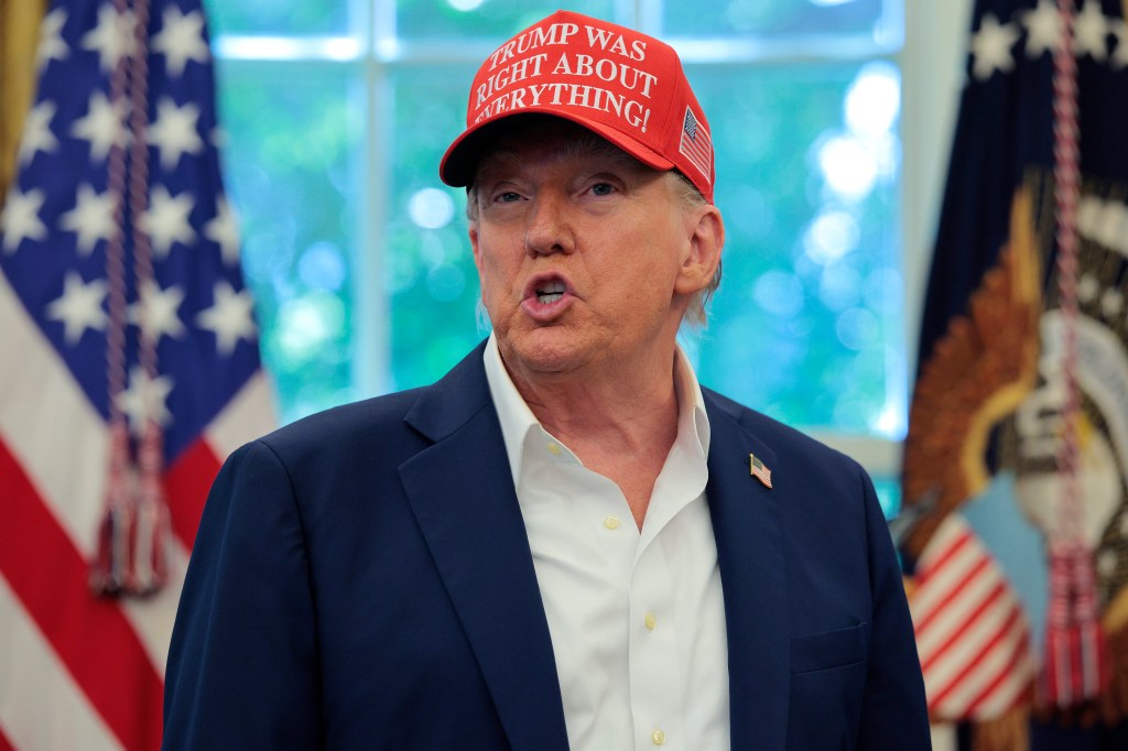 President Donald Trump speaks to reporters inside the Oval Office of the White House on Aug. 22, 2025.