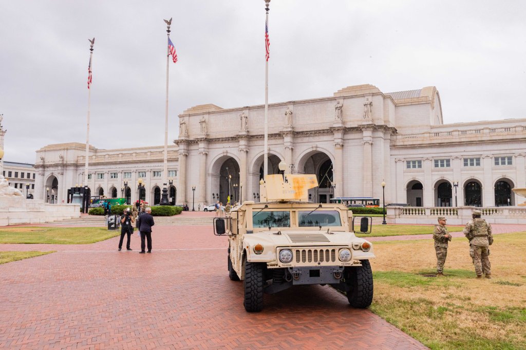 National Guard vehicles sit stationed in front of Union station in Washington, DC, on Aug. 21, 2025.