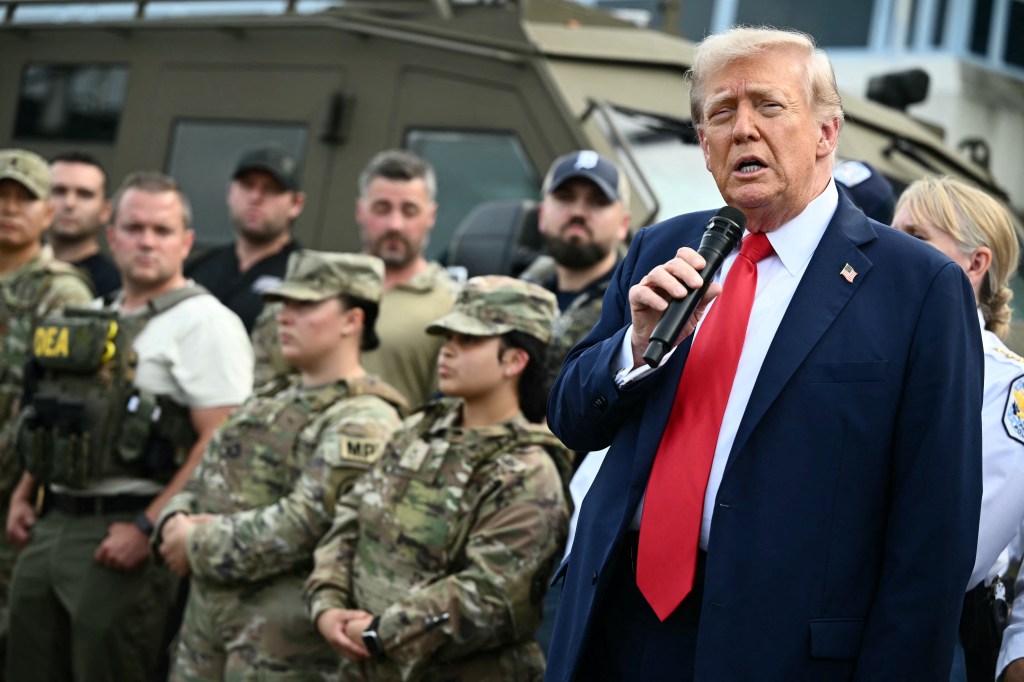 President Donald Trump speaks to federal agents at the US Park Police Anacostia operations facility in Washington, DC, on Aug. 21, 2025.