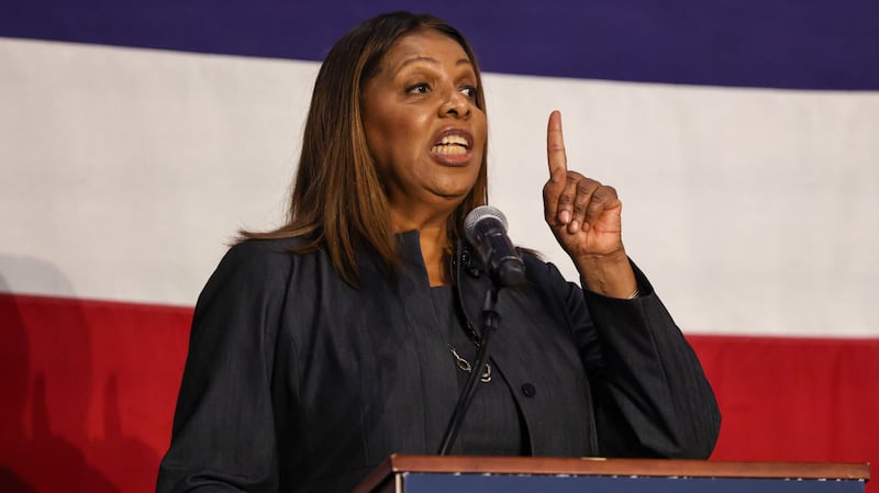 NY Attorney General Letitia James hosts a town hall at SUNY Westchester Community College to hear from residents about the impact of former President Donald Trump’s policies on their lives on May 08, 2025 in Valhalla, New York. James, along with her counterparts from New Jersey, California, Illinois, and Minnesota, will listen to New Yorkers from across the state about safeguarding civil rights and pushing back against federal policies they deem harmful. (Photo by Spencer Platt/Getty Images)