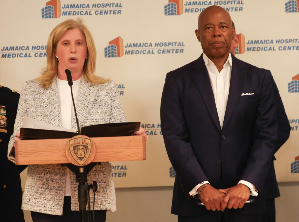 Members of the NYPD gather at Jamaica Hospital in Jamaica, NY on August 22, 2025 after a detective was shot by another police officer during a carjacking attempt. NYC Mayor Eric Adams, NYPD Commissioner Jessica Tisch (and Queens Borough President Donovan Richards ) address the media at Jamaica Hospital.