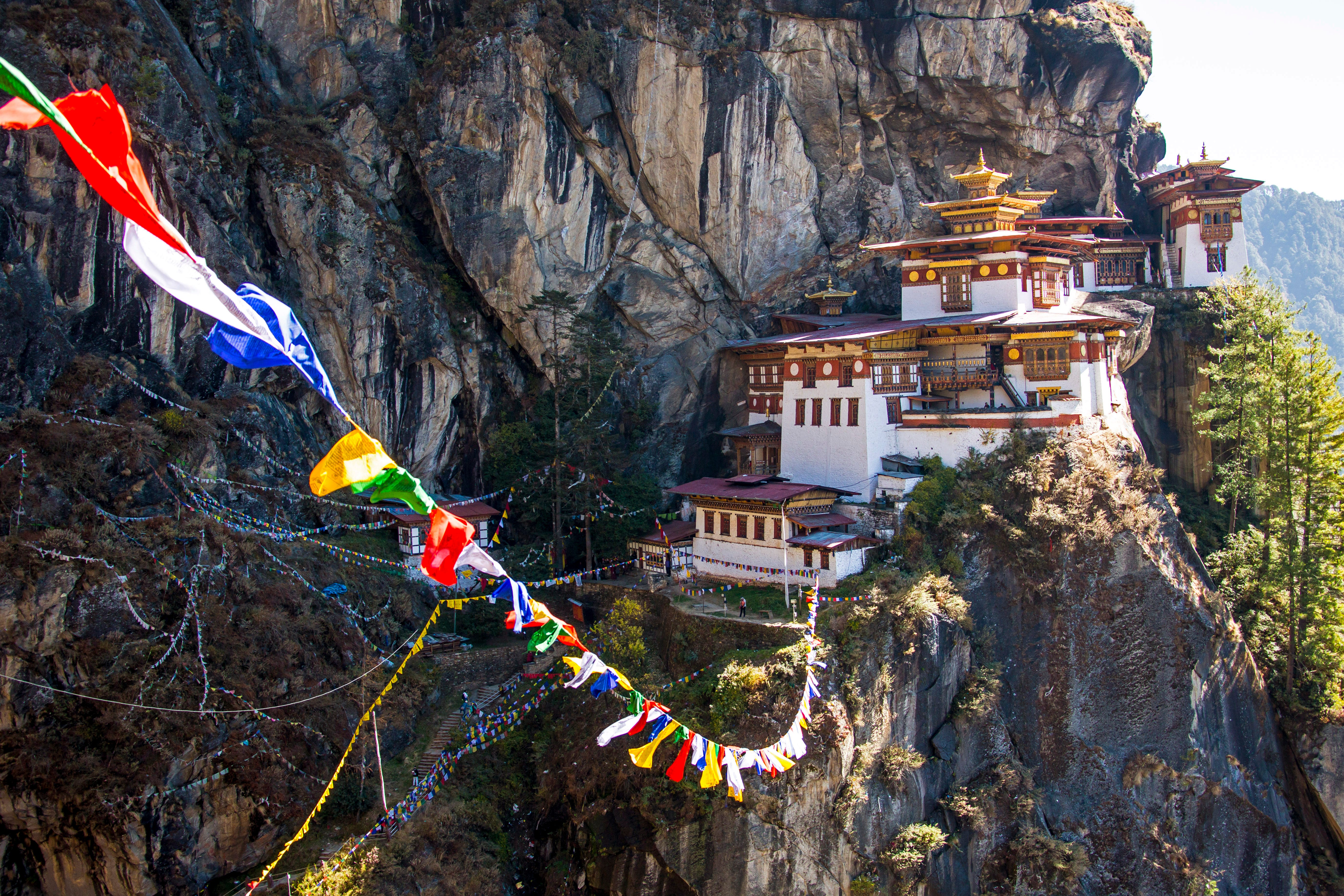 Tibet prayer flags at Paro Taktsang, also called Taktsang Palphug Monastery or Tiger `s Nest,