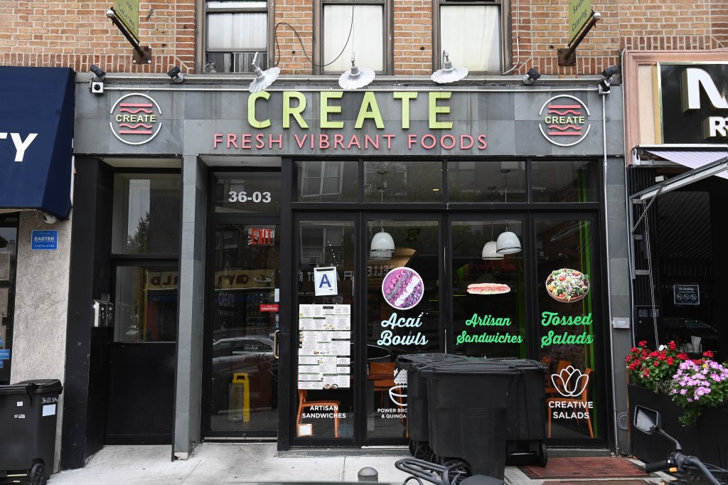 Exterior of Create Fresh Vibrant Foods restaurant in Queens, New York.