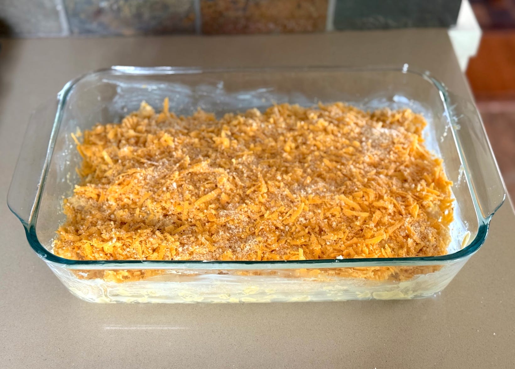 Ree Drummond's mac and cheese, before going into the oven.