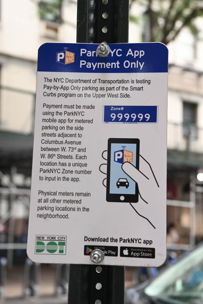 ParkNYC app-only parking sign on Upper West Side.