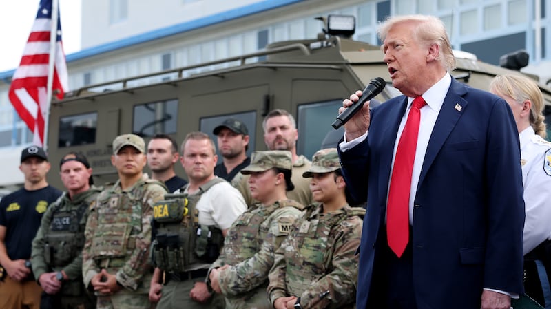 WASHINGTON, DC - AUGUST 21: U.S. President Donald Trump visits the U.S. Park Police Anacostia Operations Facility on August 21, 2025 in Washington, DC. The Trump administration has deployed federal officers and the National Guard to the District in order to place the DC Metropolitan Police Department under federal control and assist in crime prevention in the nation's capital. (Photo by Anna Moneymaker/Getty Images)