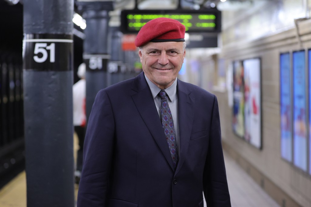 Curtis Sliwa campaigning in a NYC subway station.