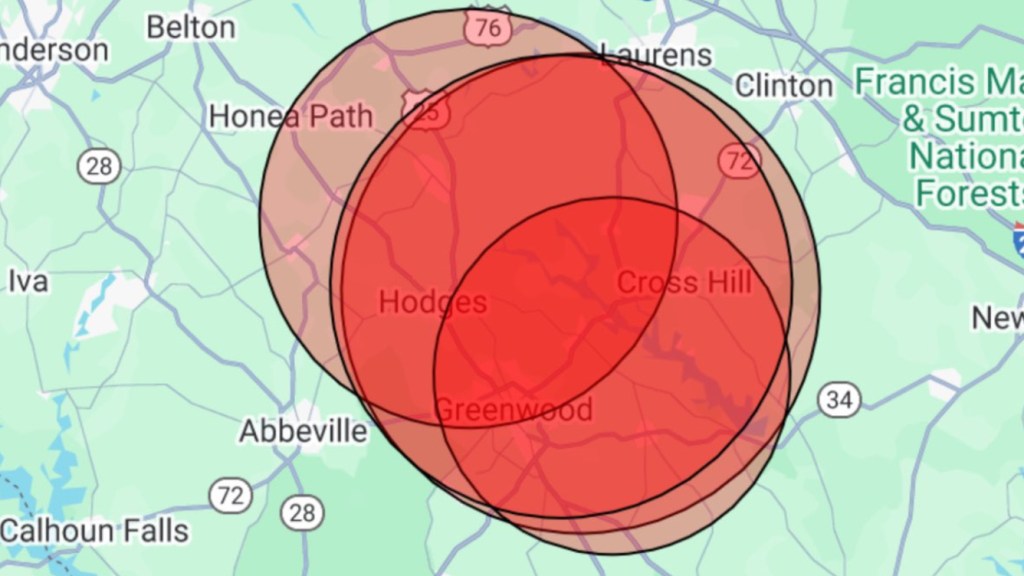 Map of South Carolina showing earthquake swarm near Greenwood.