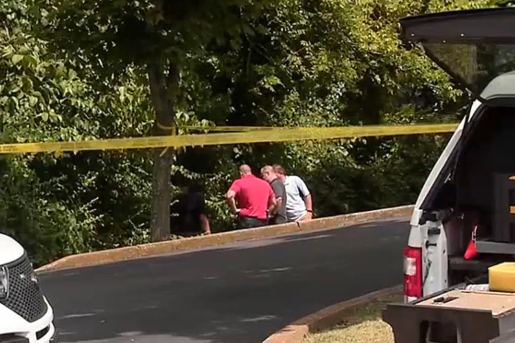 Crime scene investigators at the site where decomposed human remains were found.