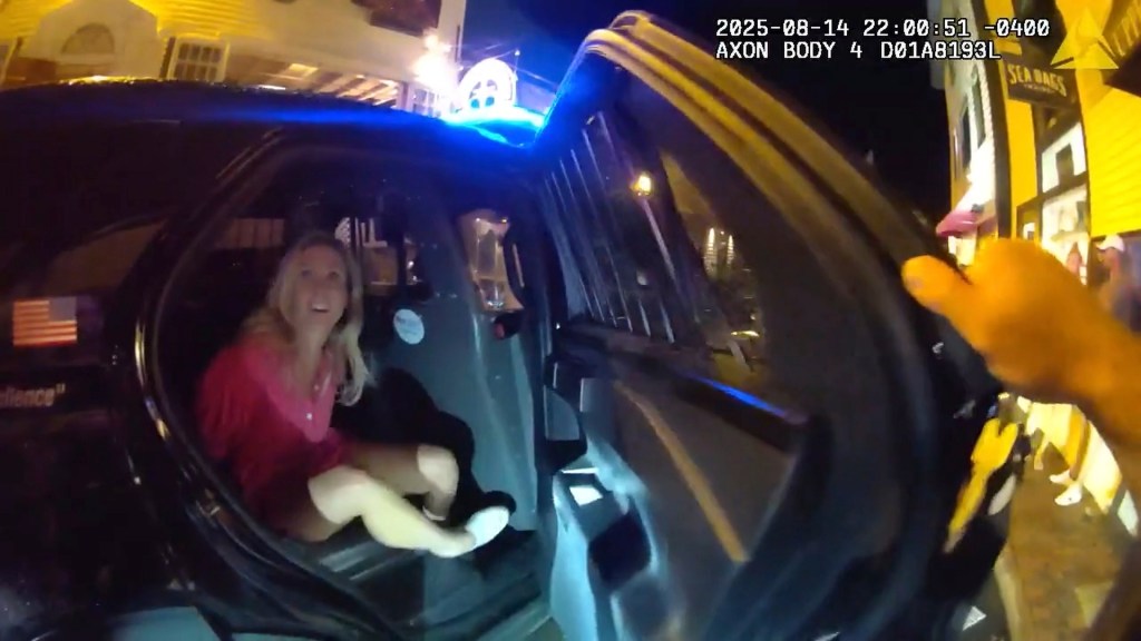 Police officer placing Rhode Island attorney Devon Flanagan in a police cruiser.