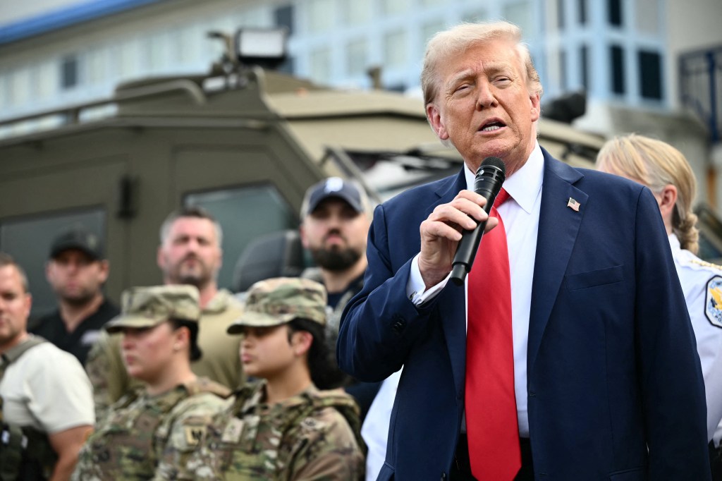 President Donald Trump speaks to federal agents outside the US Park Police Anacostia operations facility in Washington, DC, on Aug. 21, 2025.