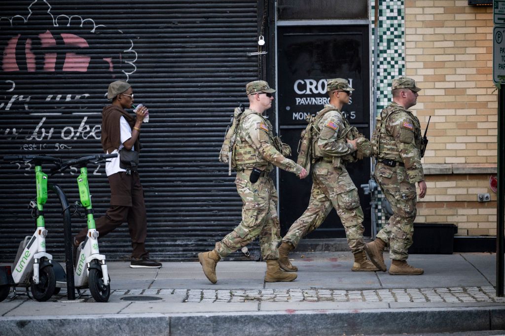 National Guard members patrol the Scott Circle neighborhood in Washington, DC, on Aug. 23, 2025.