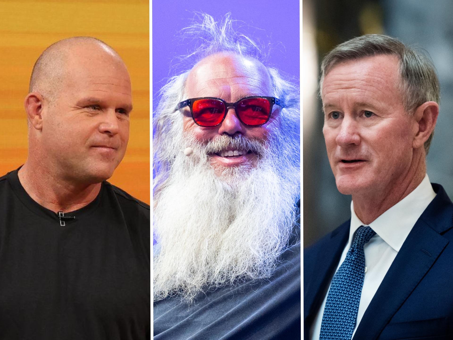 Photo Split: Kelly Starrett (fitness coach), Rick Rubin, and William McRaven (naval admiral)