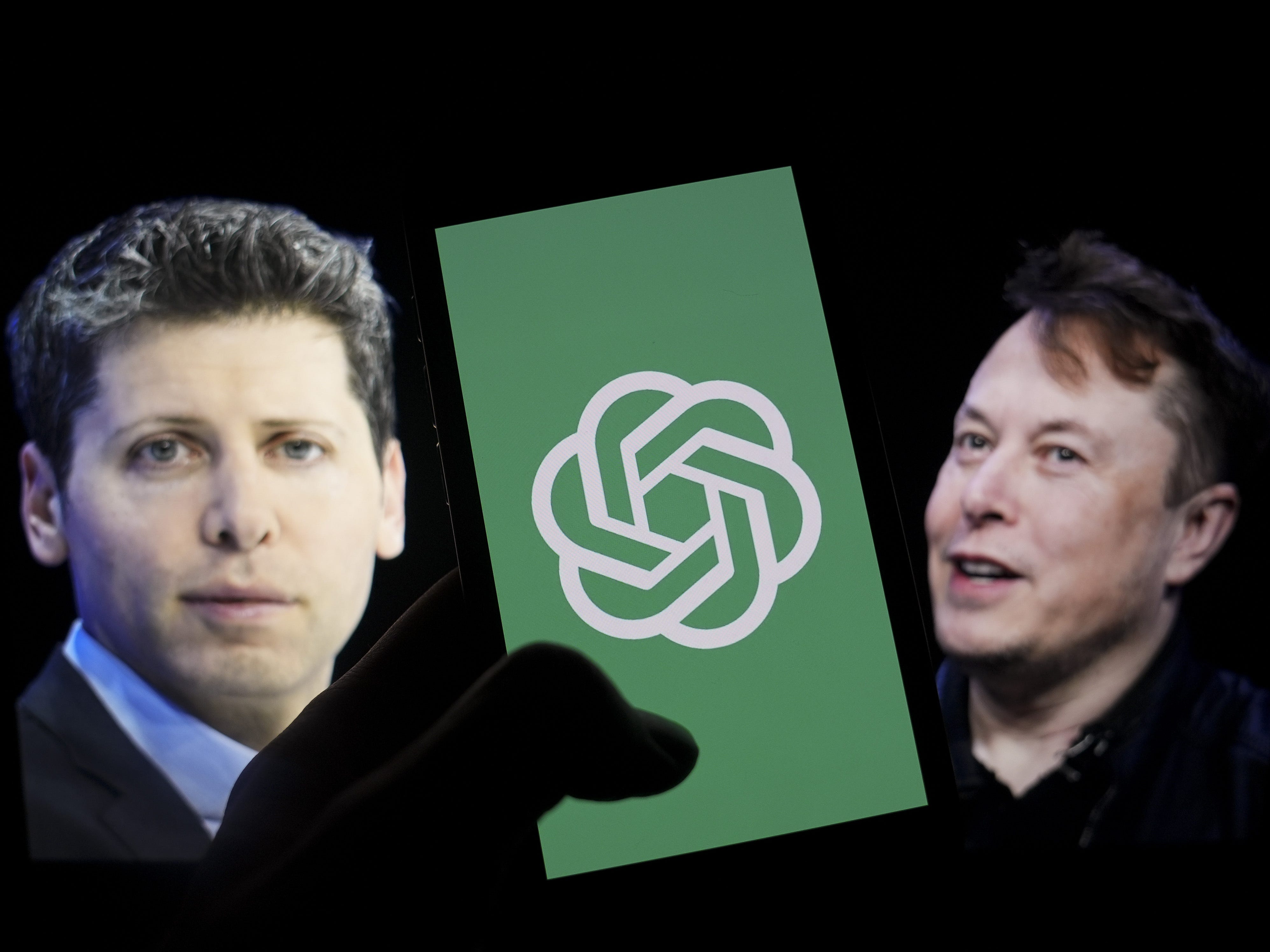 Sam Altman on the left, OpenAI logo displayed on a phone screen and Elon Musk on the right