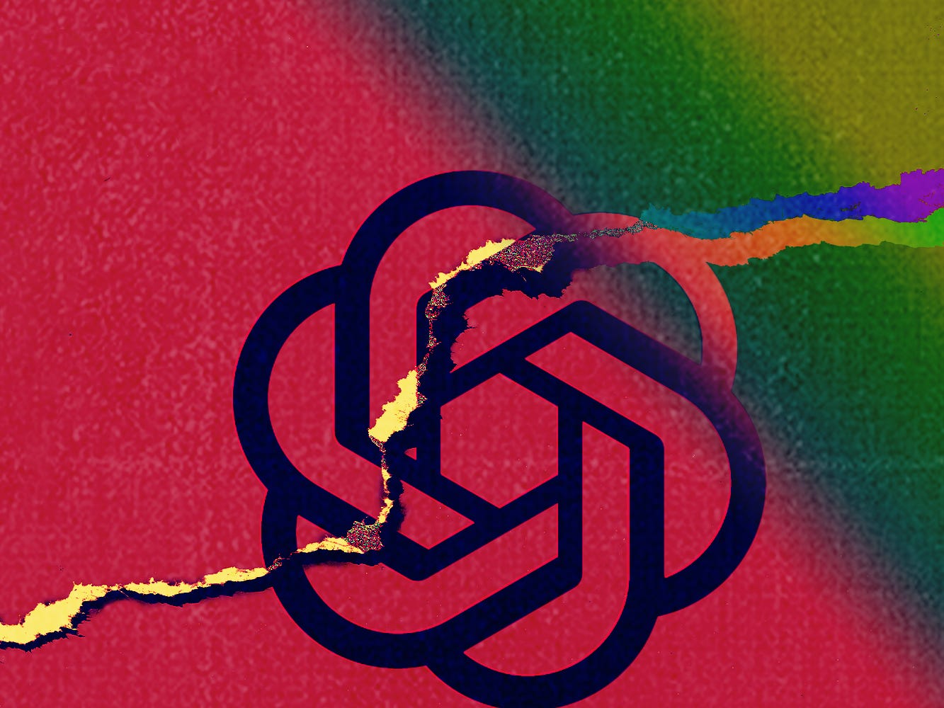 The OpenAI logo on a multicolored background with a crack running through it