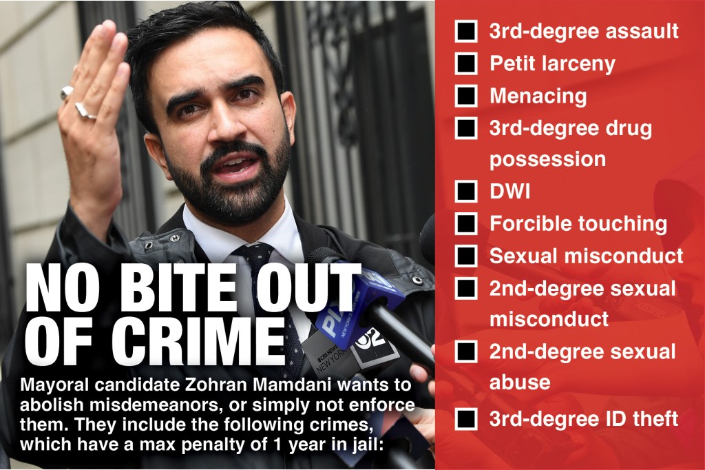 Zohran Mamdani's mayoral campaign: abolishing misdemeanors.  List of included crimes shown.