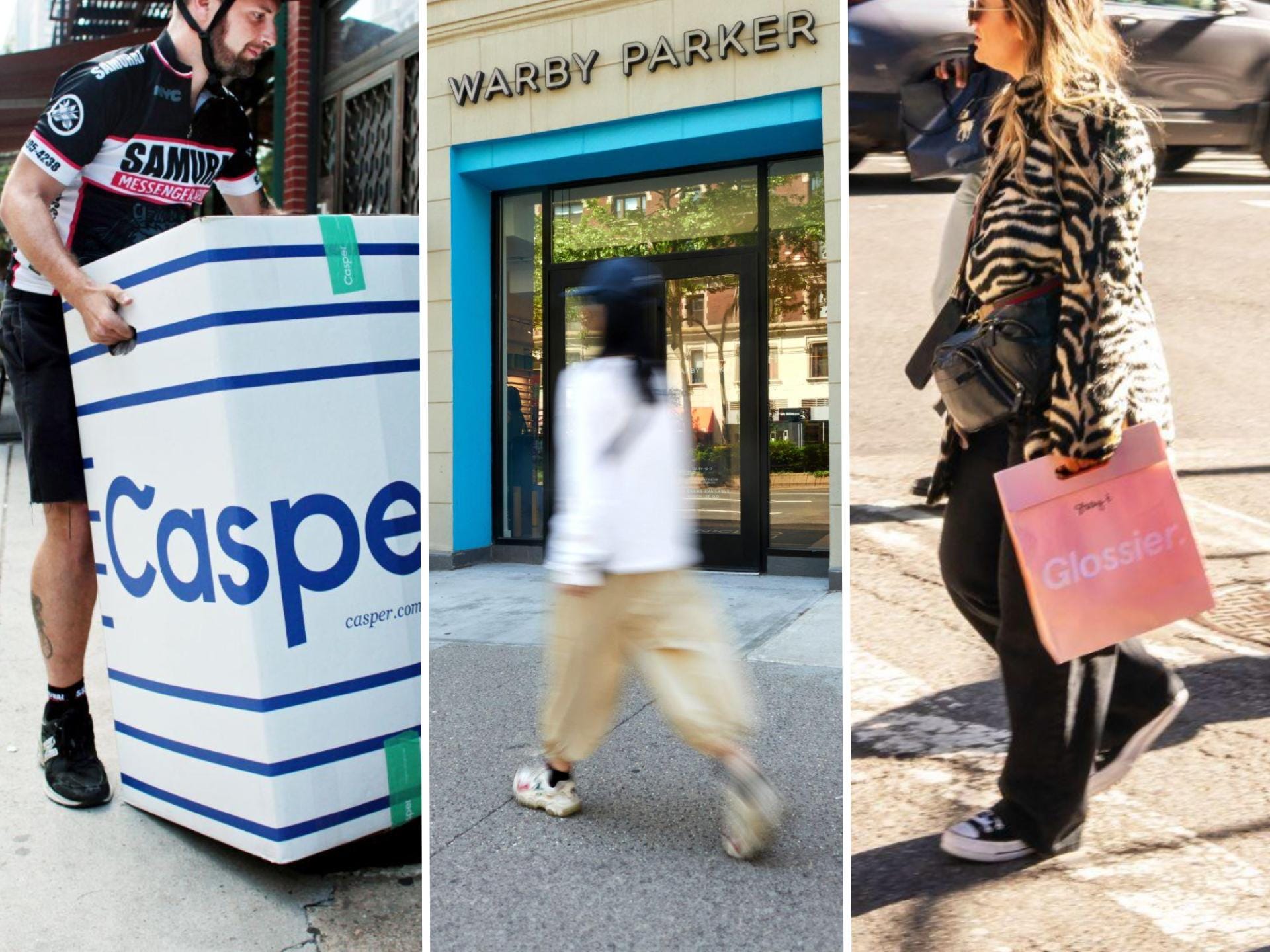 Composite of Casper delivery, outside of Warby parker store and woman walking with Glossier bag