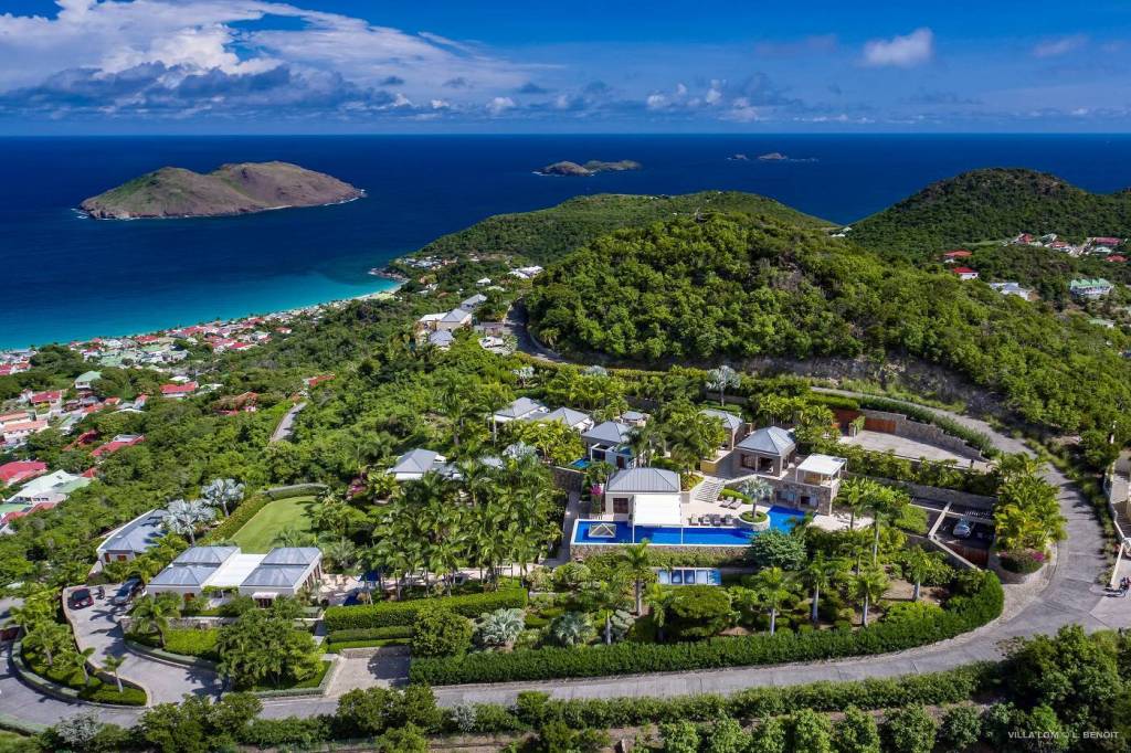 Aerial view of La Grande Maison des Etoiles, a St. Barths mansion for sale.