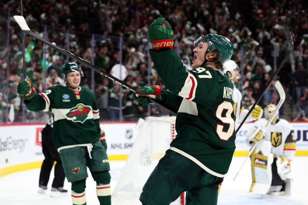 Kirill Kaprizov #97 of the Minnesota Wild celebrates a goal.