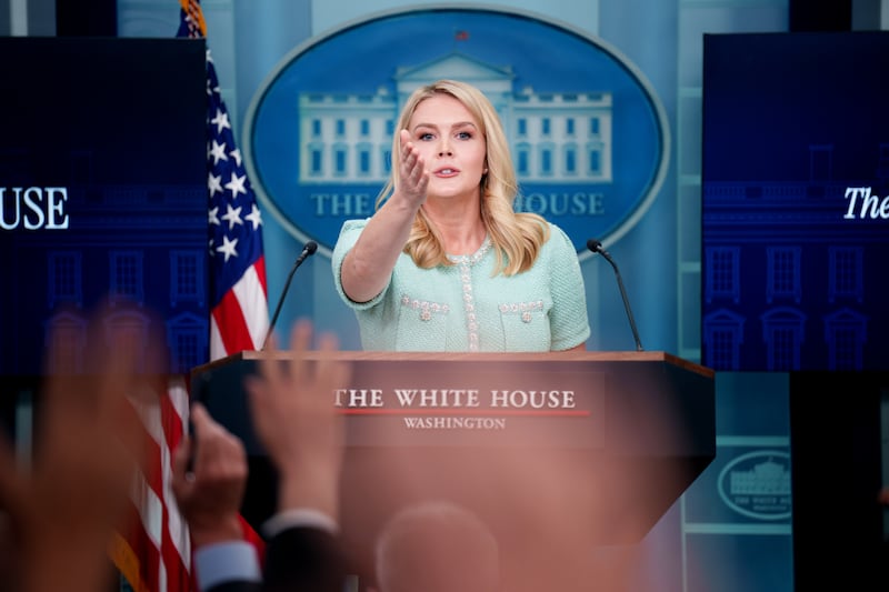 White House Press Secretary Karoline Leavitt takes questions during a press briefing at the White House on March 11, 2025 in Washington, D.C.
