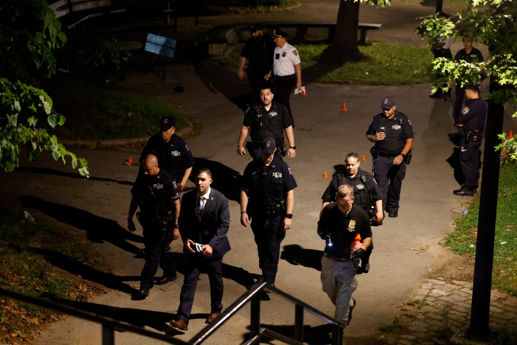 Police officers investigating a multiple shooting in Halfen Park, Bronx.