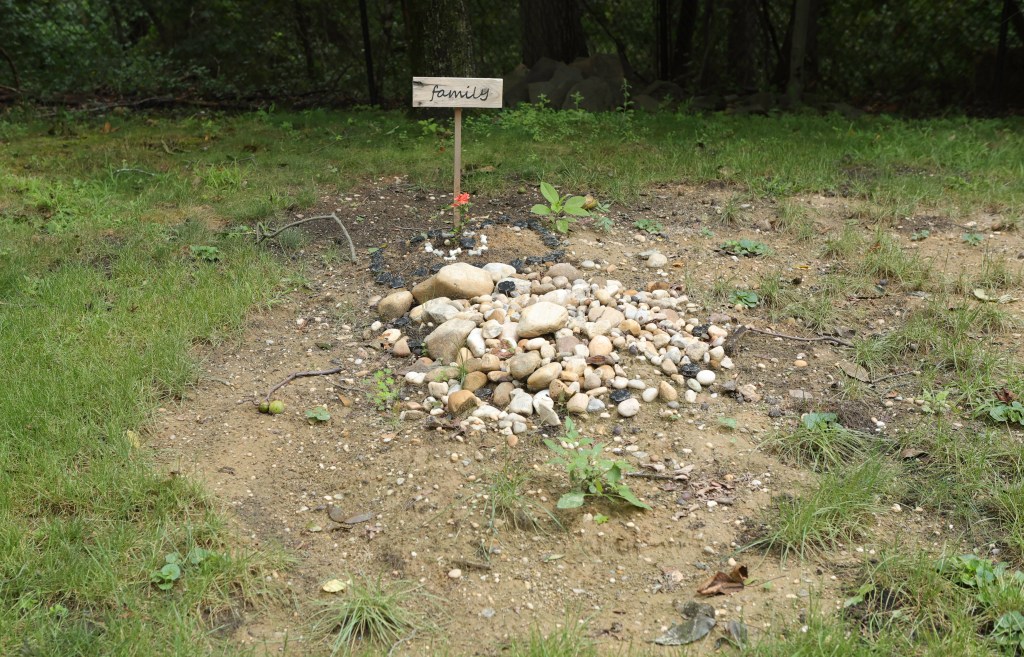 Pet's grave marked with rocks and a 
