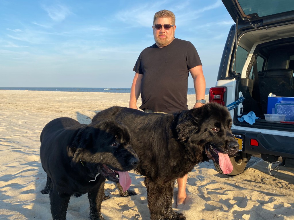 Man with two large black dogs on a beach.