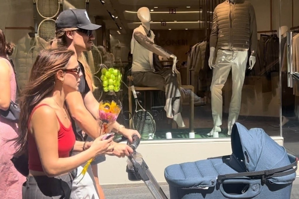 Millie Bobby Brown and Jake Bongiovi take their adopted baby out for a stroll on Prince St. in SOHO.