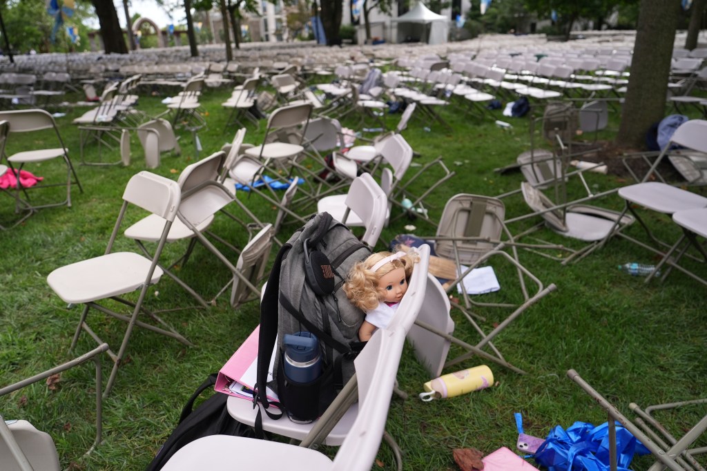 Overturned chairs and a backpack near a doll on a Villanova University campus following a reported shooting.