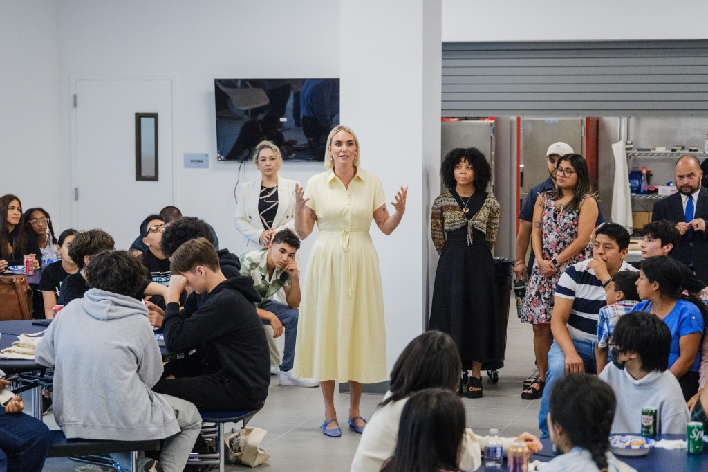 Principal Anna Spoden speaking at MESA South Brooklyn high school opening.