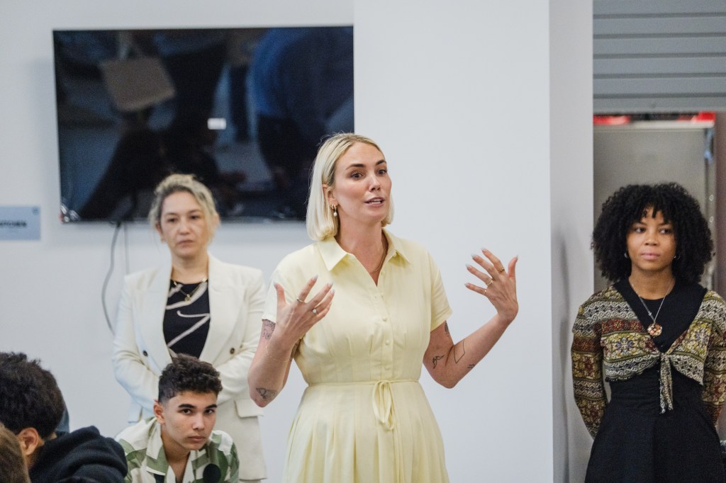 Anna Spoden, principal of MESA South Brooklyn charter high school, speaking at an event.
