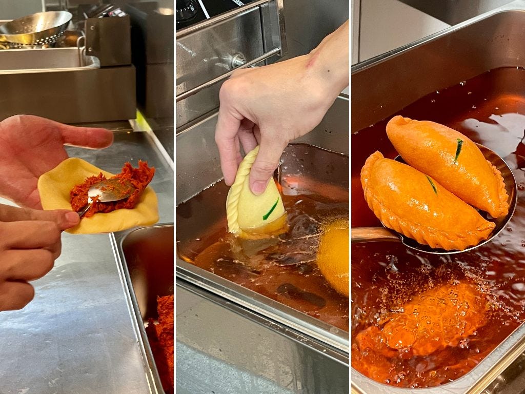 The brothers fill the dough with the curry mix and fry it for about seven minutes until it's golden.