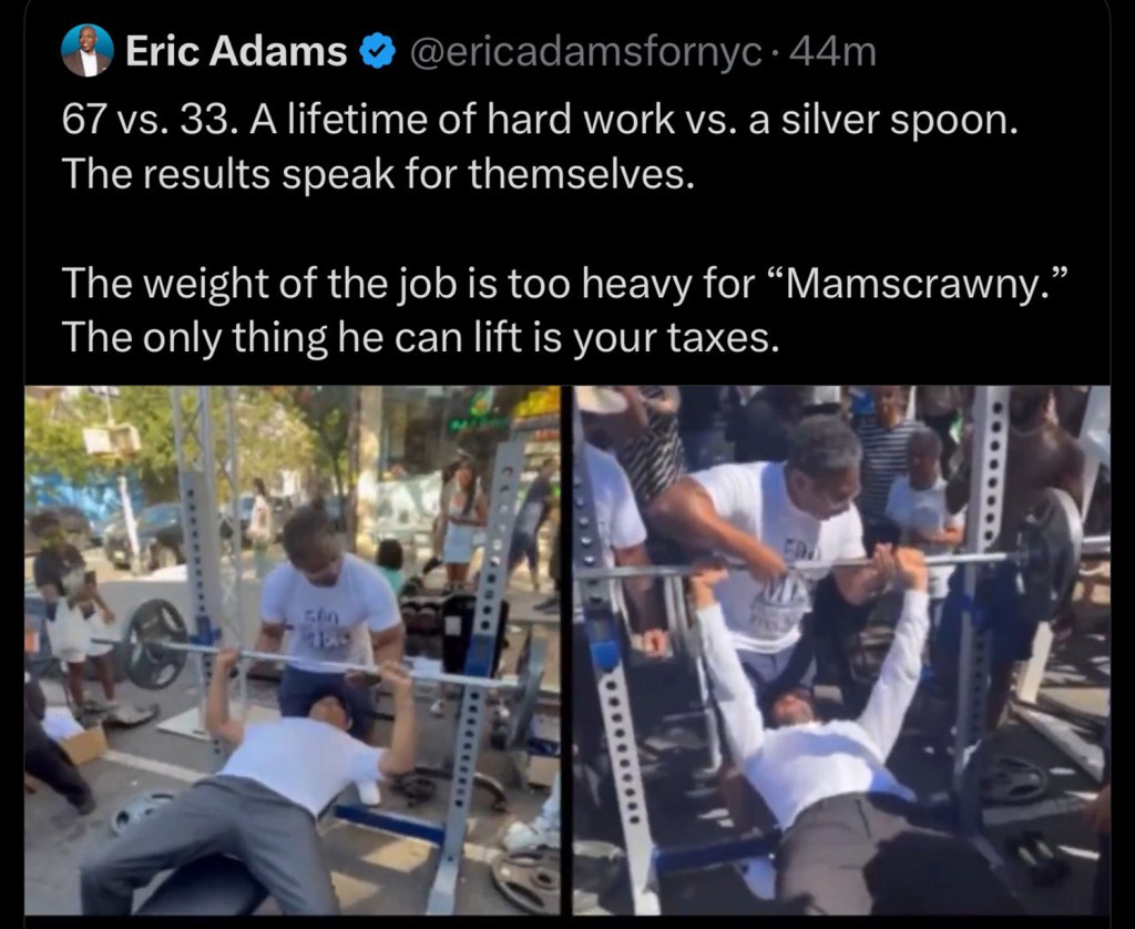 Mayor Eric Adams' tweet comparing himself to another person while bench-pressing.