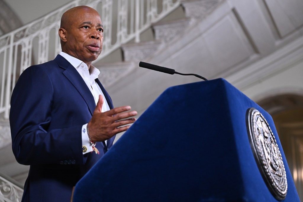 Mayor Eric Adams at a City Hall press conference.