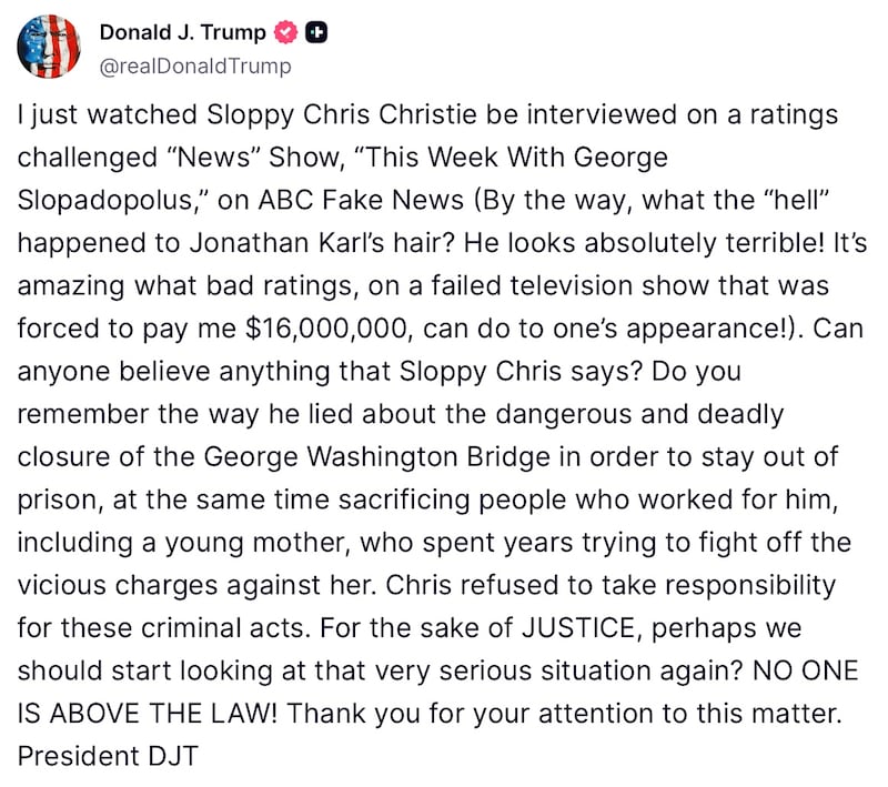 Donald Trump Truth Social post about ABC News.