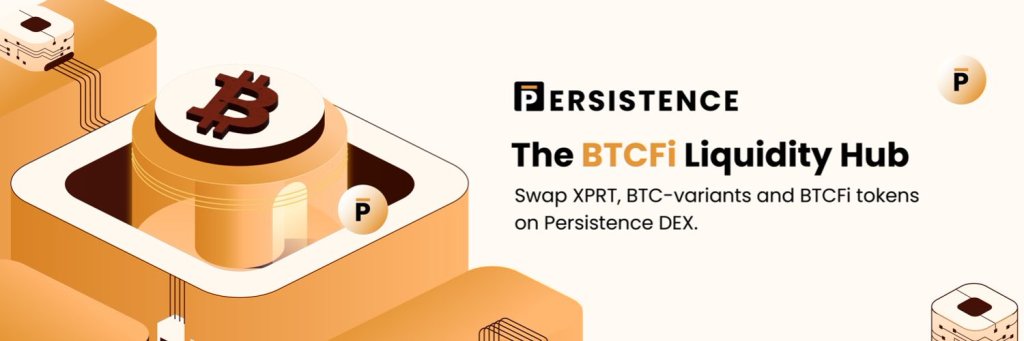 Illustration of Persistence One's BTCFi Liquidity Hub, showing Bitcoin and tokens.
