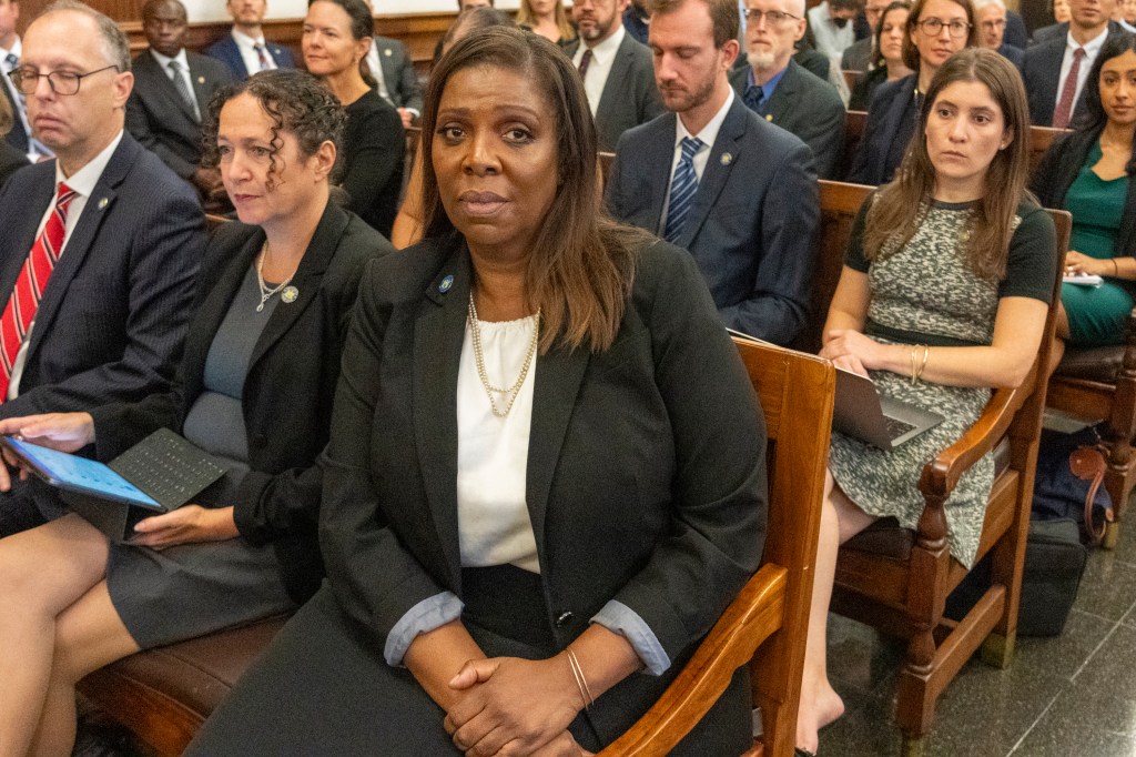 Letitia James, New York's Attorney General, seated in a courtroom.