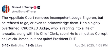 Screenshot of Donald Trump's Truth Social post criticizing Judge Engoron.