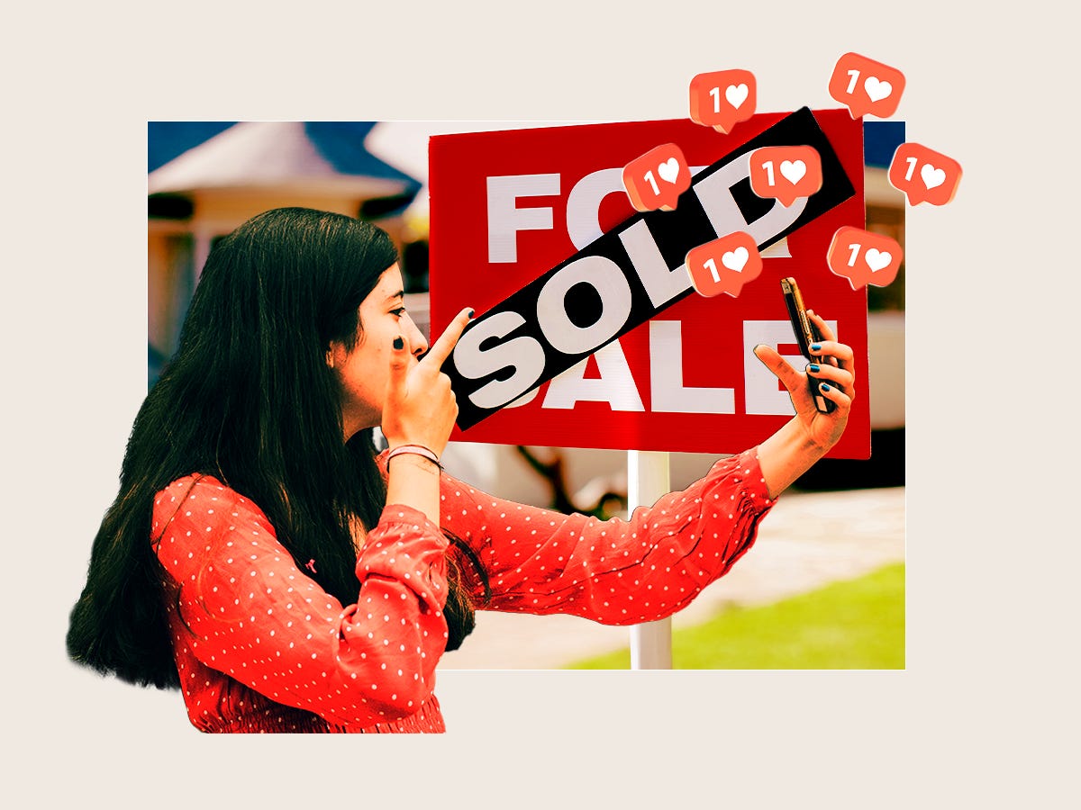 A young woman is livestreaming on her phone in front of a SOLD for sale sign, and surrounded by social media likes.