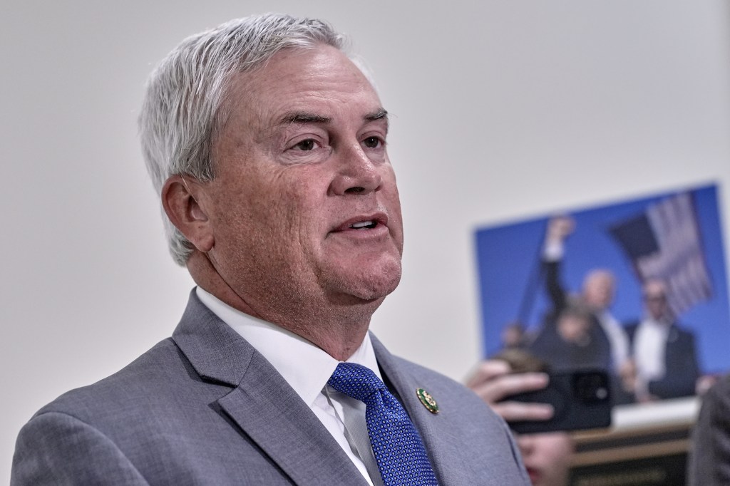 Photo of James Comer speaking to reporters.