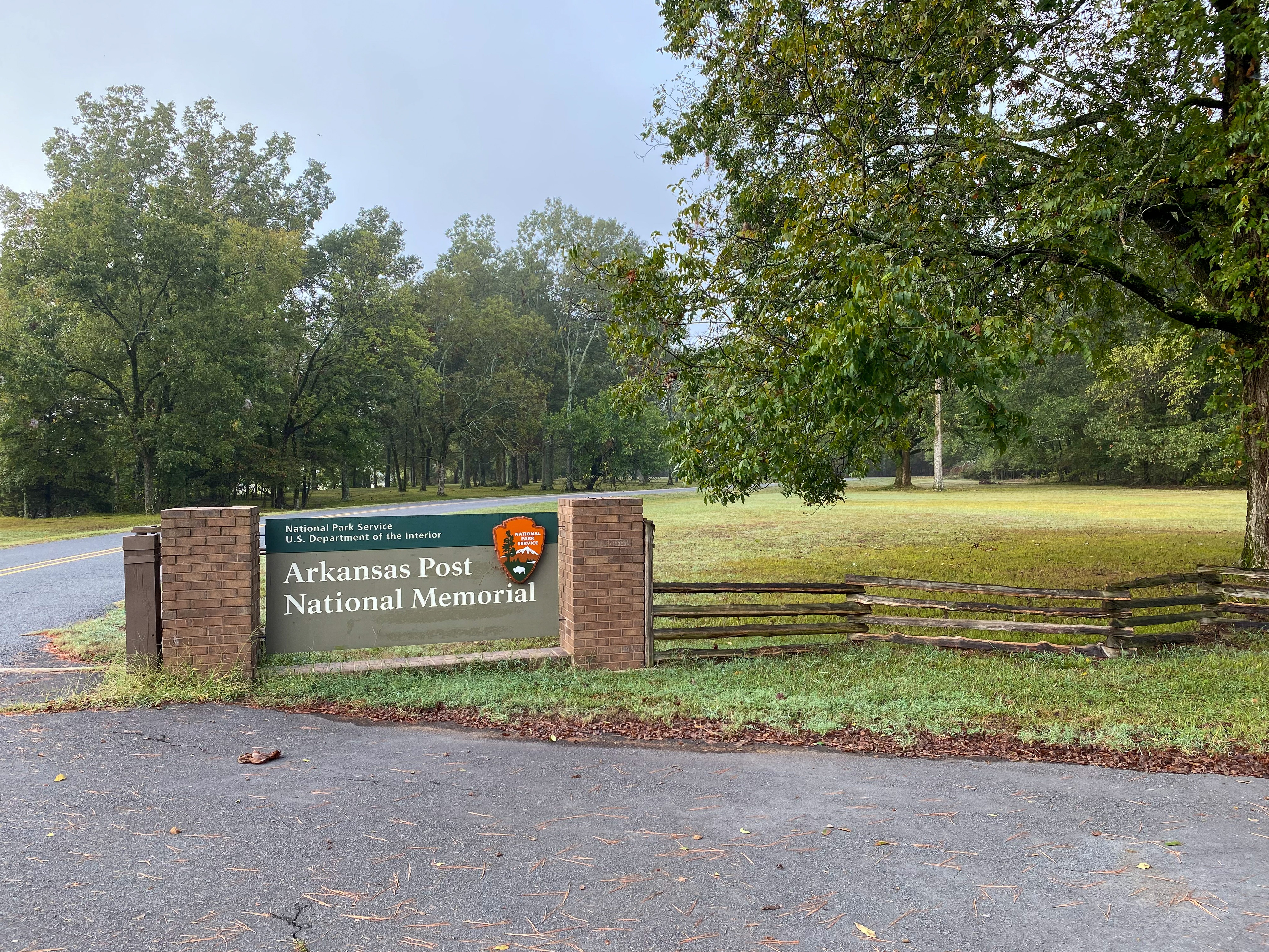 A sign shows Arkansas Post National Memorial.