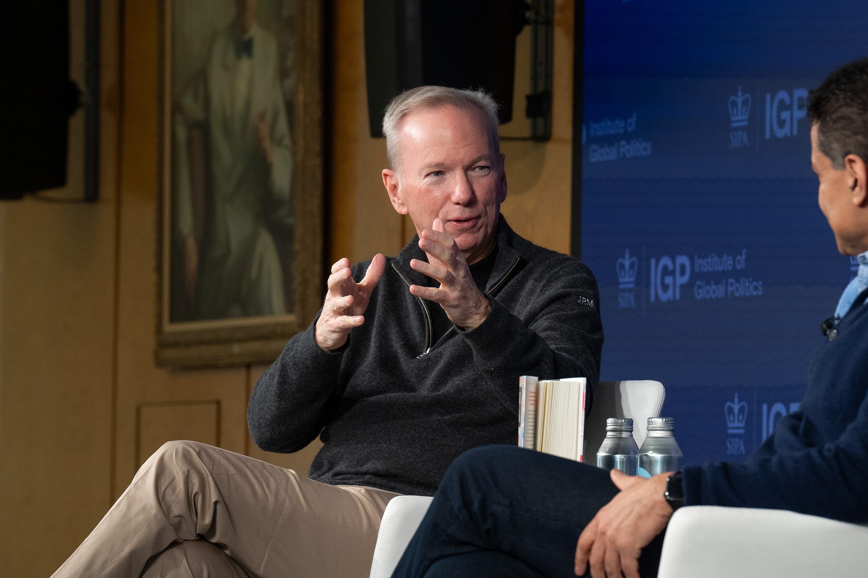 Eric Schmidt speaking to Fareed Zakaria during the latter's book launch at Columbia University.