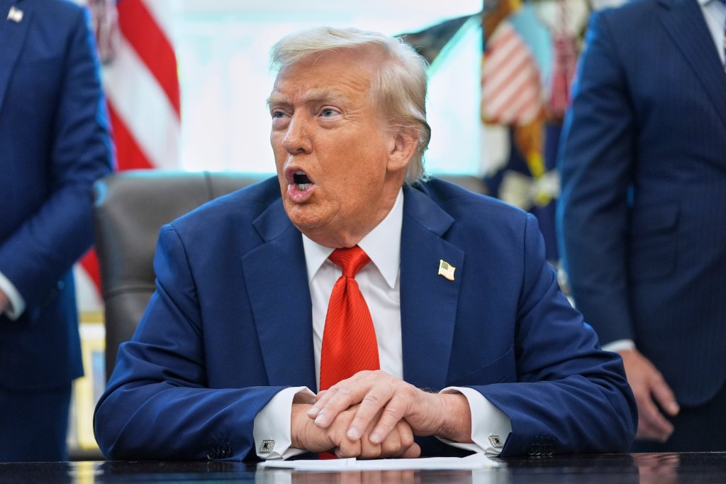 President Donald Trump speaks as he signs executive orders in the Oval Office of the White House, Monday, Aug. 25, 2025, in Washington. 
