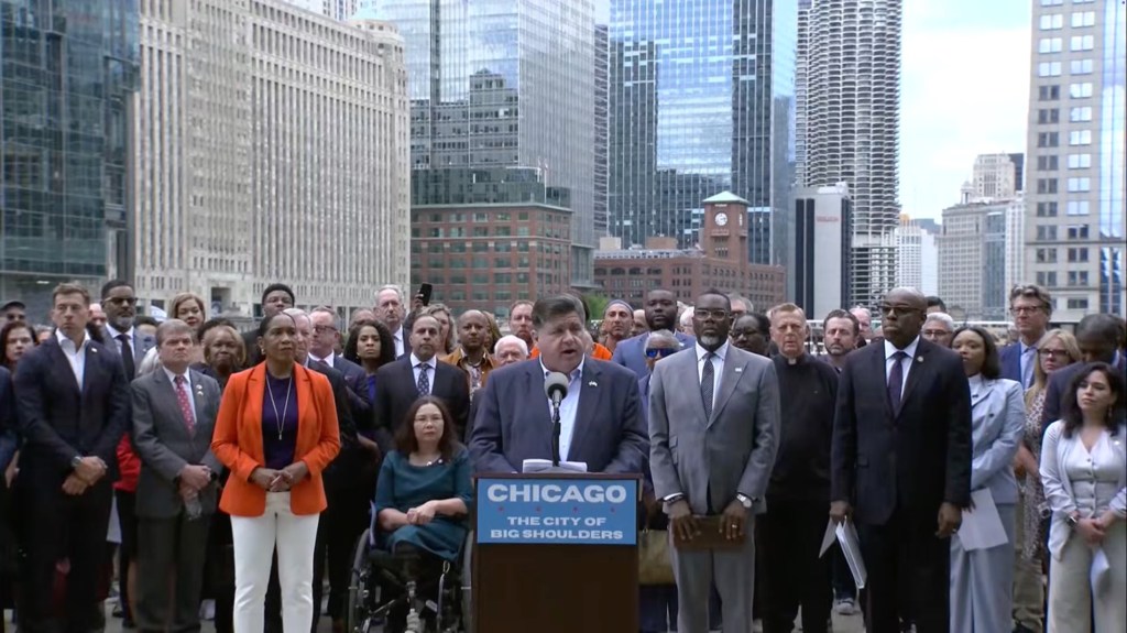 Illinois Governor JB Pritzker holds a news conference in response to reports that President Donald Trump is planning to send the National Guard to Chicago, speaking on August 24, 2025. 