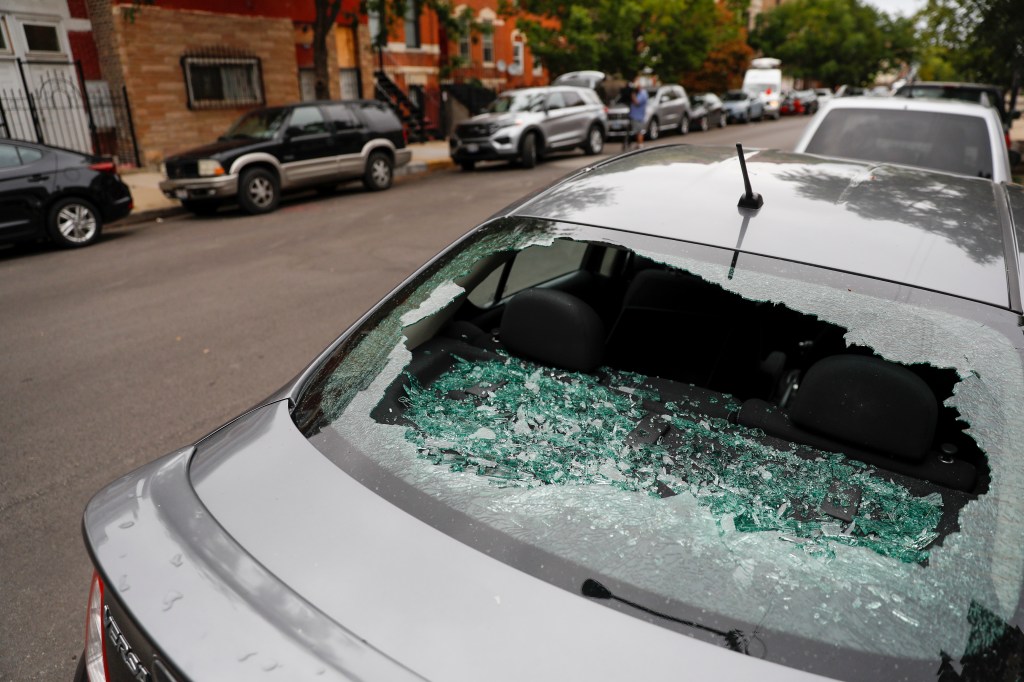 Shattered rear window of a car.