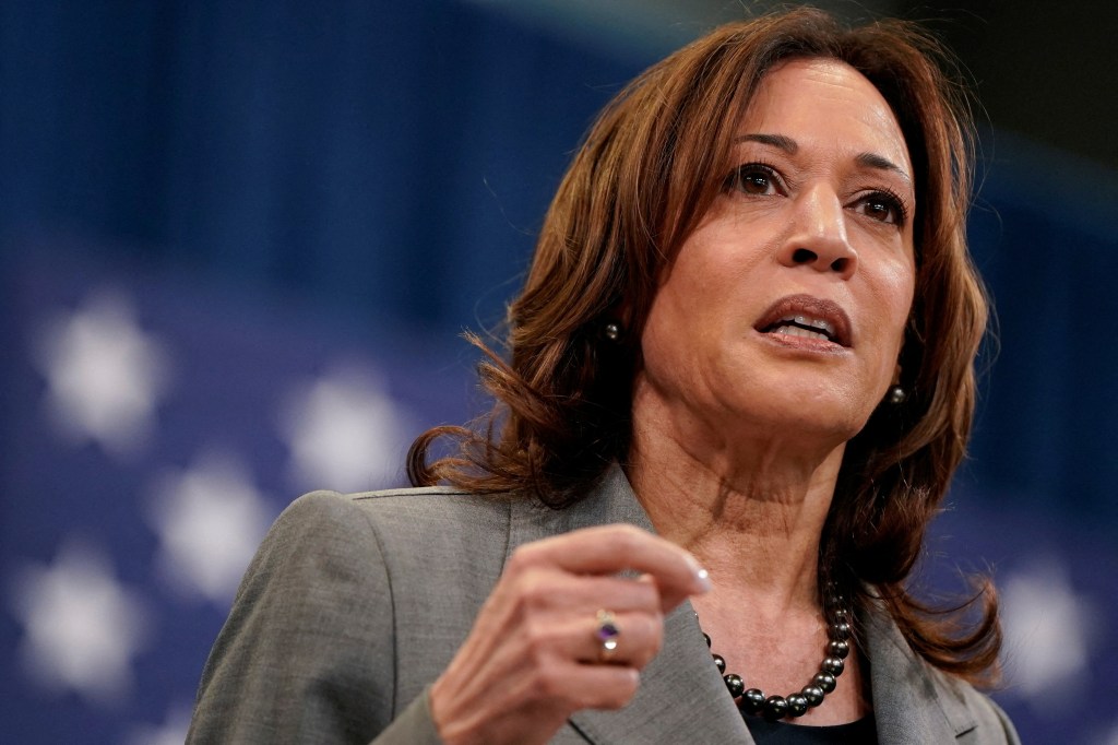 Photo of Kamala Harris speaking.