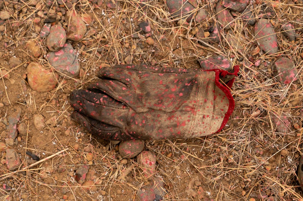Fire retardant-covered glove on the ground.