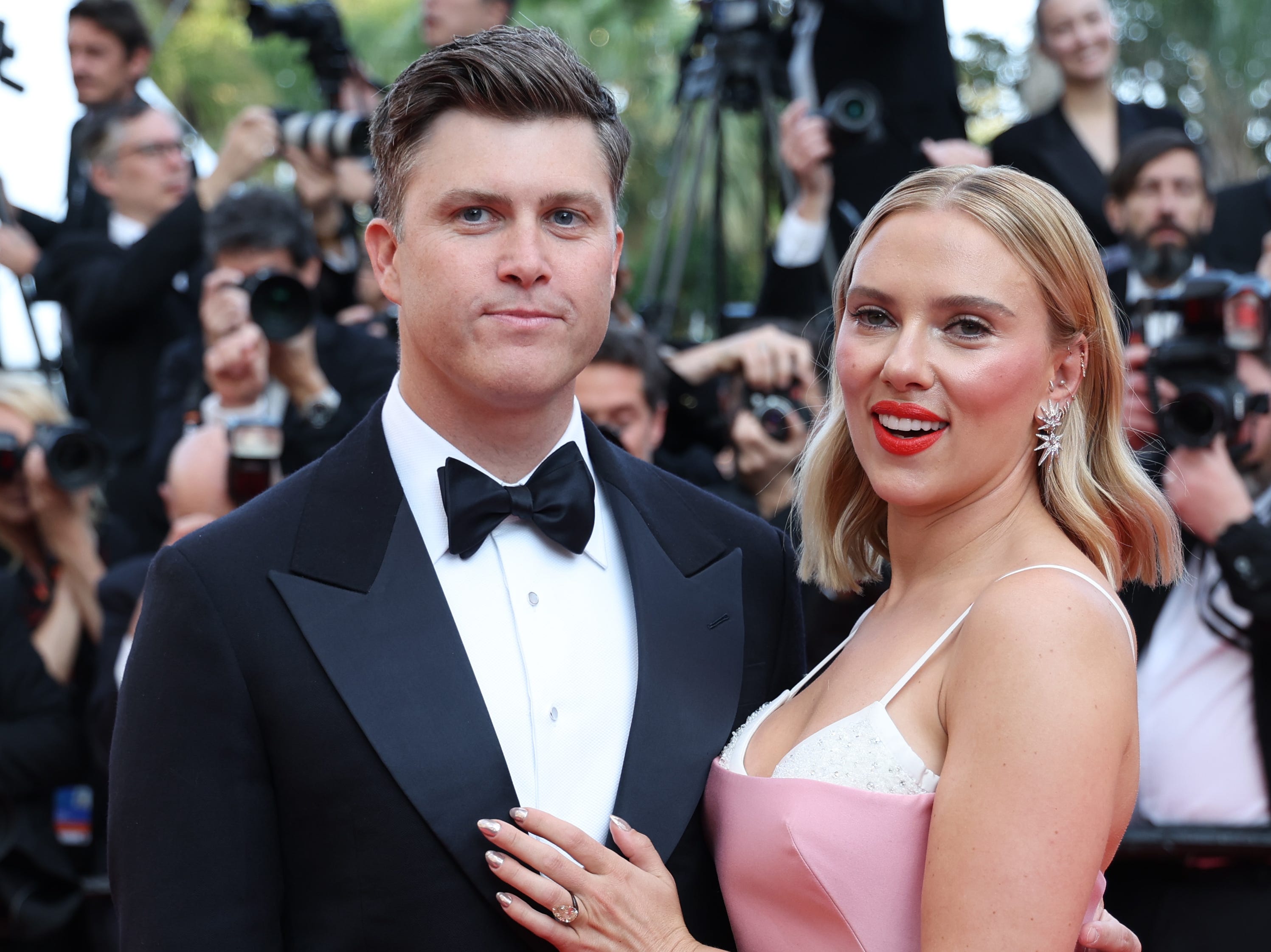 Colin Jost and Scarlett Johansson attending the premiere of "Asteroid City" at the Cannes Film Festival in 2023.