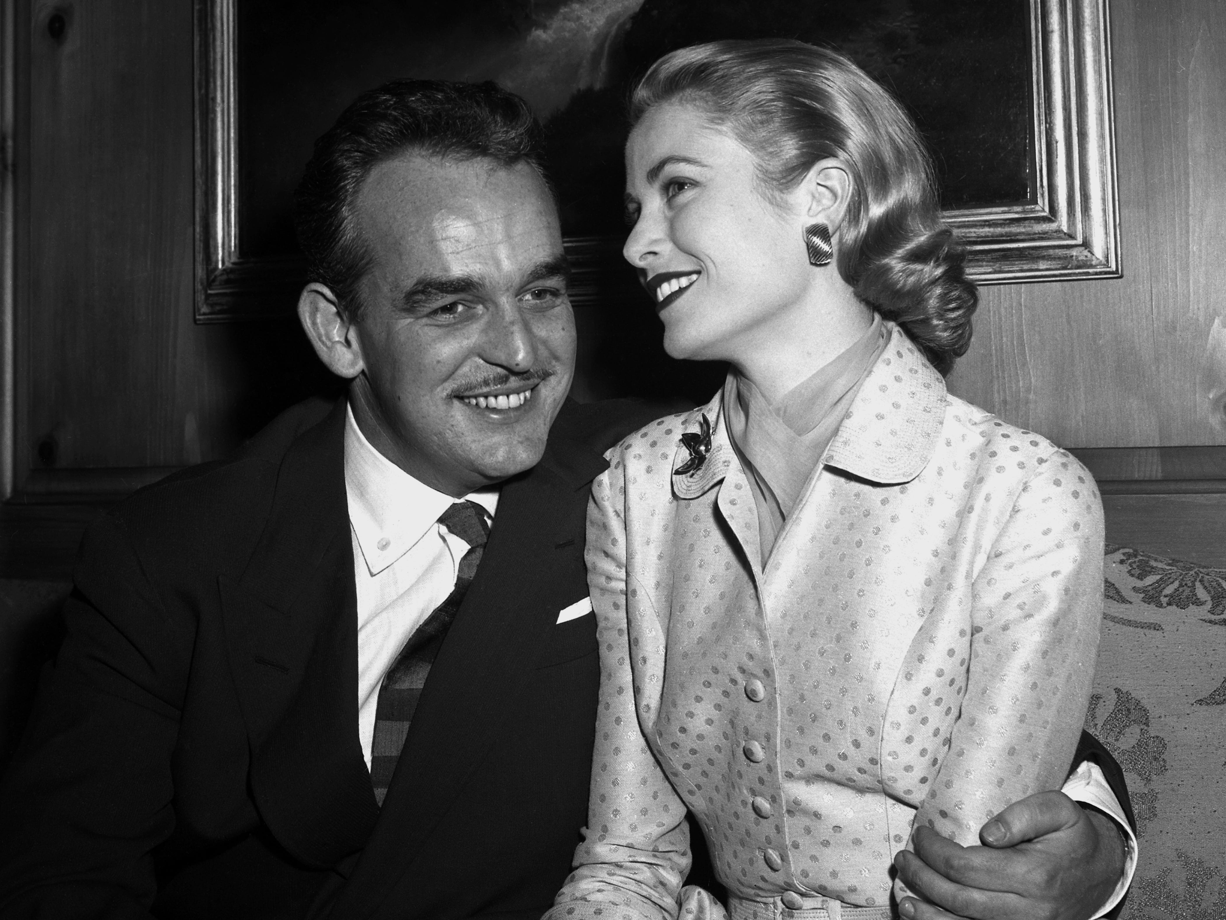 Prince Rainier III of Monaco and Grace Kelly posed at the Kelly family home after announcing their engagement in 1956.